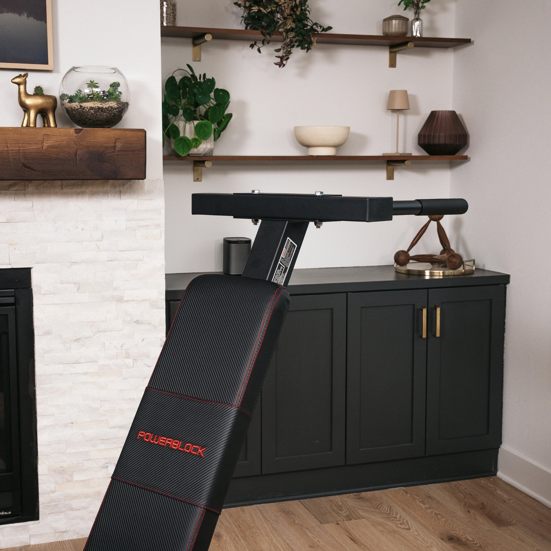 Close-up of dip bar attachment on PowerBench 2.0 in a modern home gym setting.