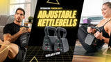 Advertisement for Powerblock adjustable kettlebells featuring a man and woman exercising.