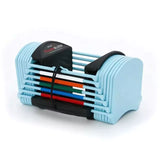 a single Powerblock adjustable dumbbell displaying different level settings in color light blue