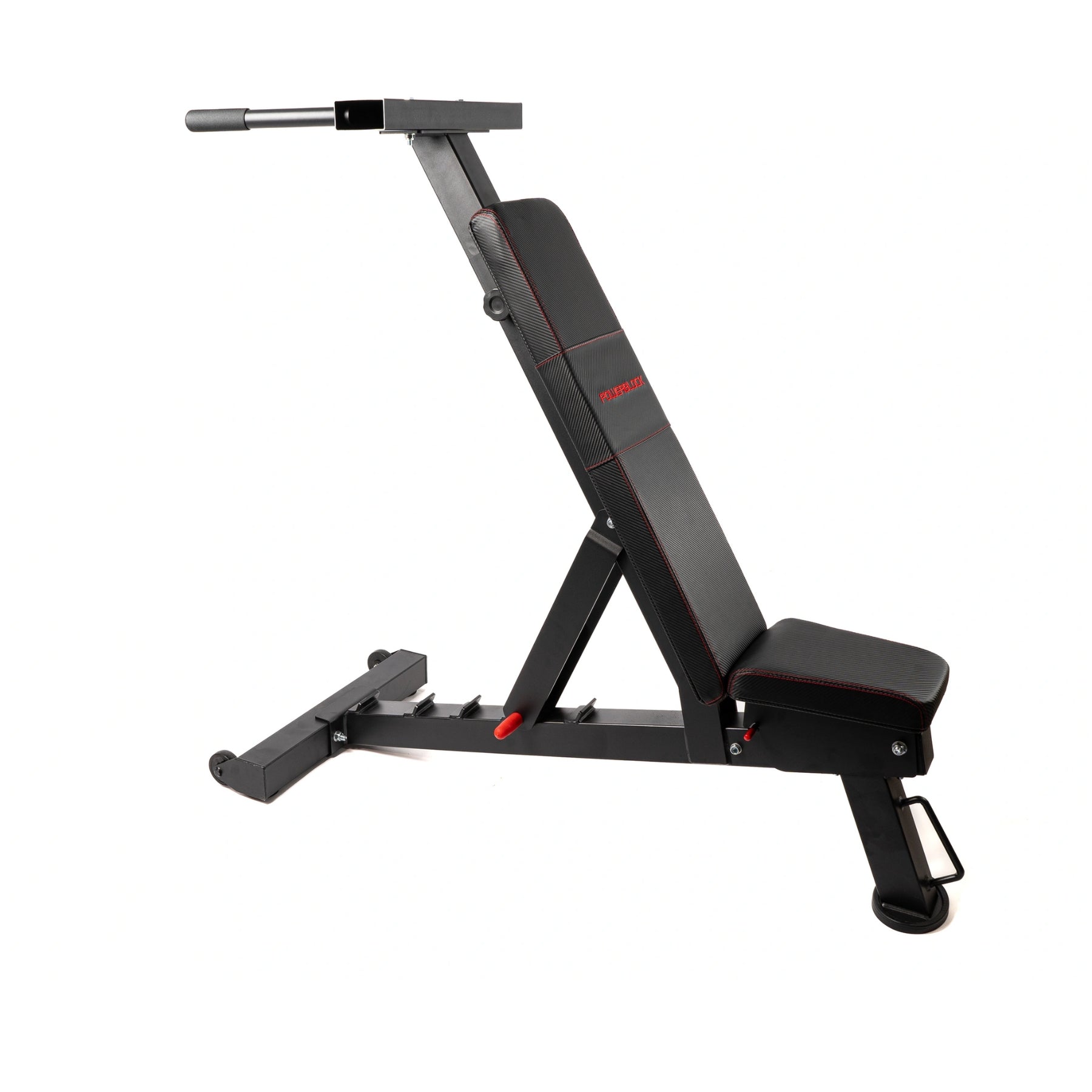 PowerBench 2.0 with dip attachment shown from side profile for full view of bench and mounted bars