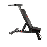 PowerBench 2.0 with dip attachment shown from side profile for full view of bench and mounted bars