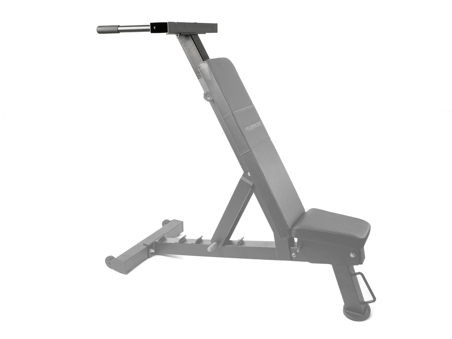 PowerBench 2.0 with dip attachment shown from side profile for full view of bench and mounted bars.