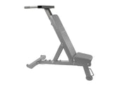 PowerBench 2.0 with dip attachment shown from side profile for full view of bench and mounted bars.
