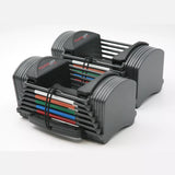 a pair of powerblock adjustable dumbbells placed next to each other displaying different level settings
