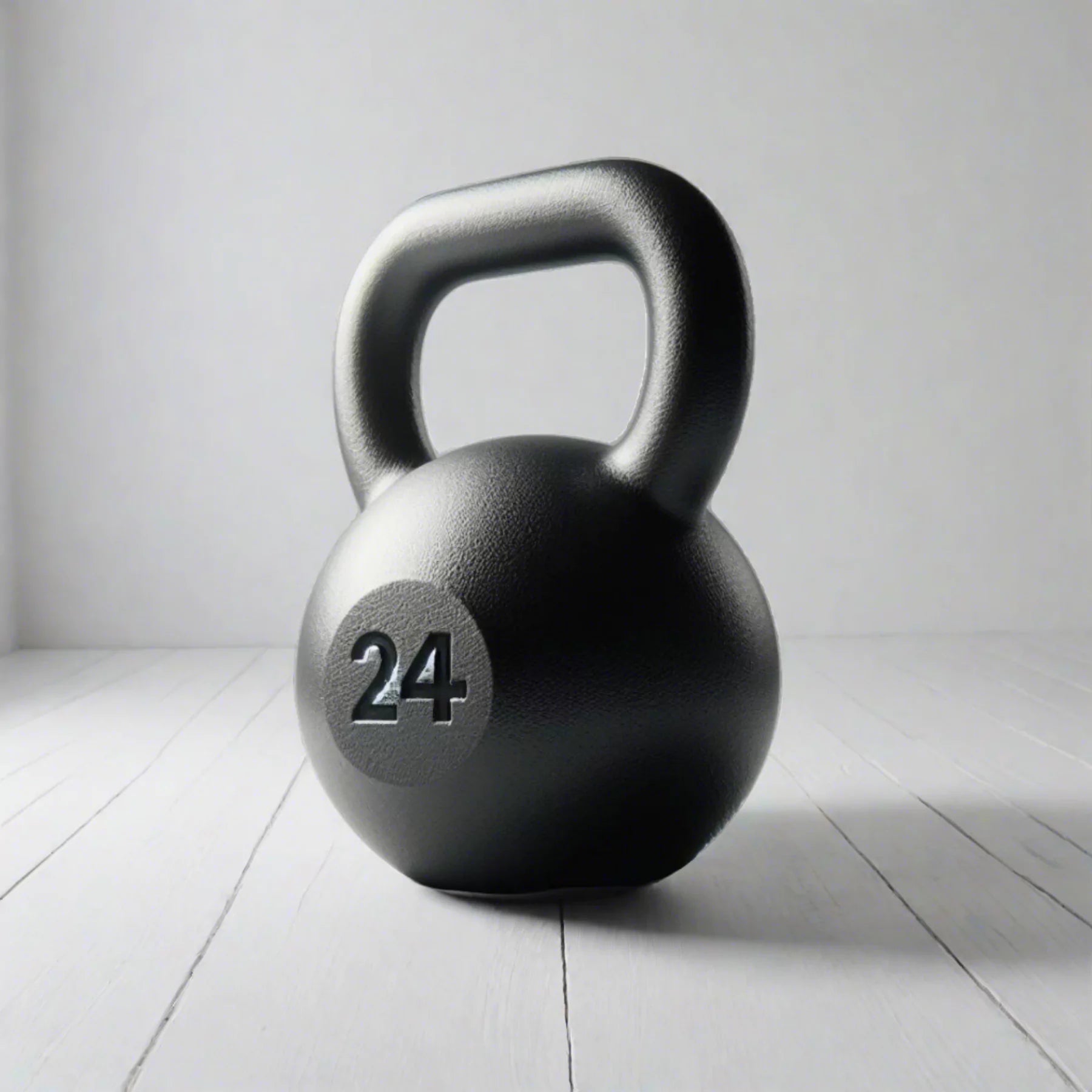 24 lb premium black kettlebell for strength training on a sleek white wooden floor