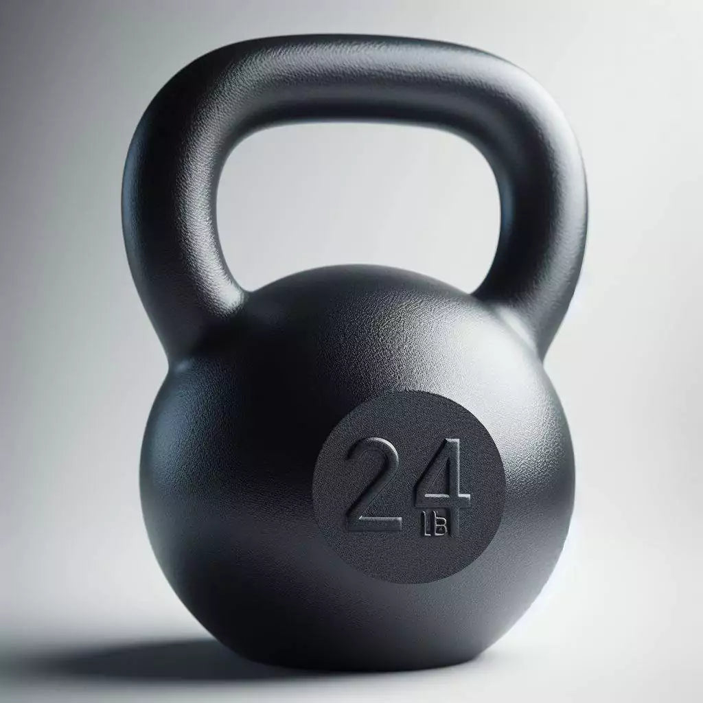 24 lb premium black kettlebell for strength training on a white studio floor