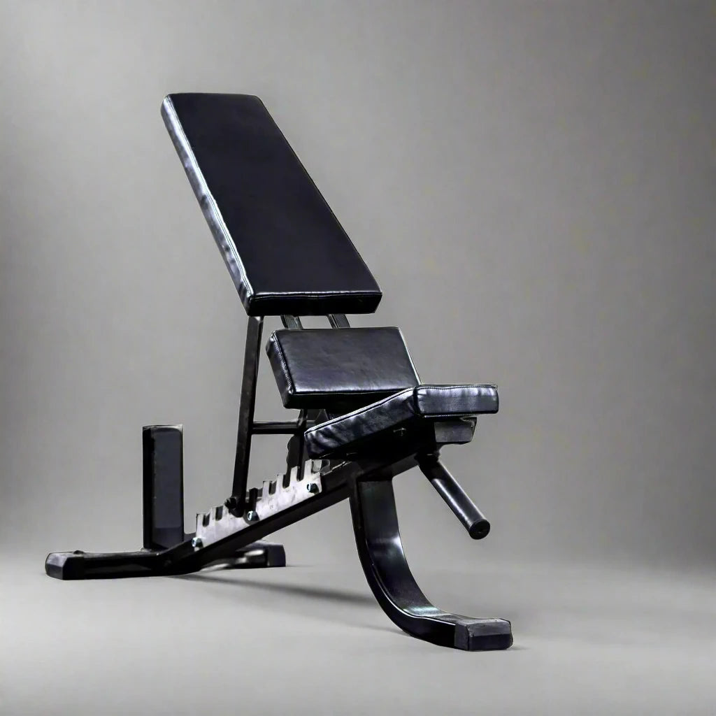 A black adjustable weight bench, ideal for home gyms, is displayed on a white background. The bench offers multiple incline positions, allowing for versatile workouts. It features a padded seat and backrest for comfort, and the sturdy frame ensures stability during use. The Luna Fitness logo is prominently displayed on the base of the bench